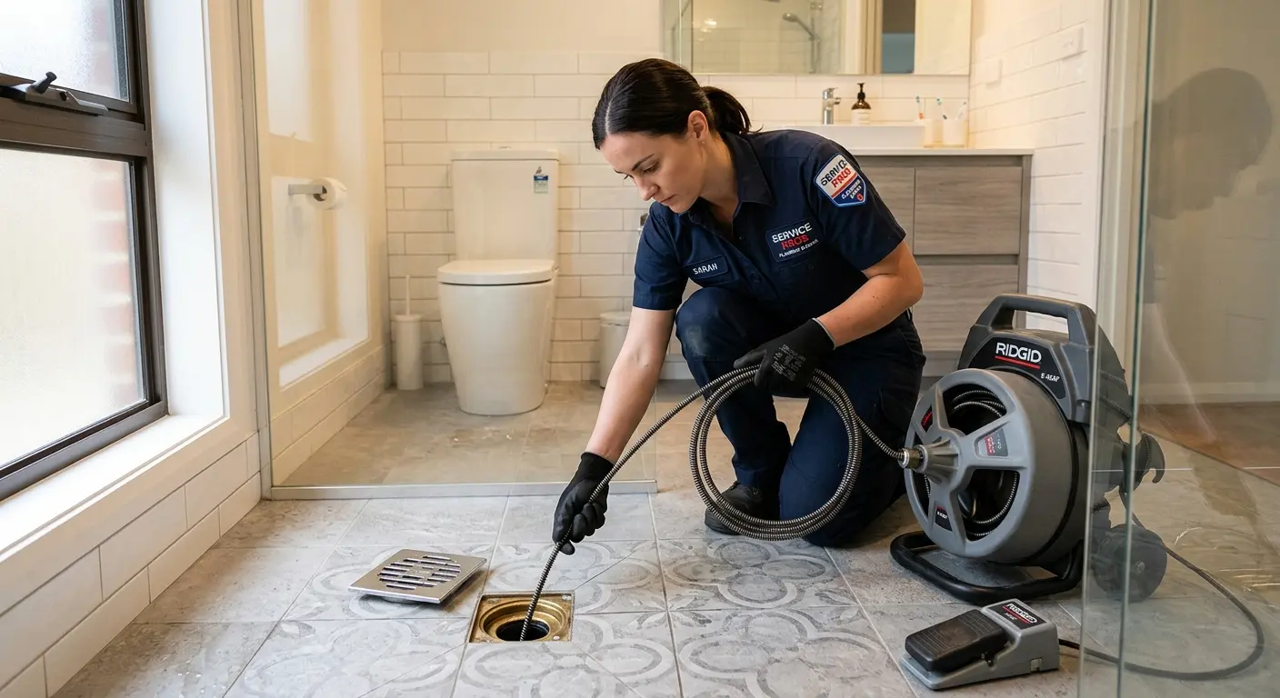 Technician clearing a bathroom floor drain for Hydro Jetting in Camillus